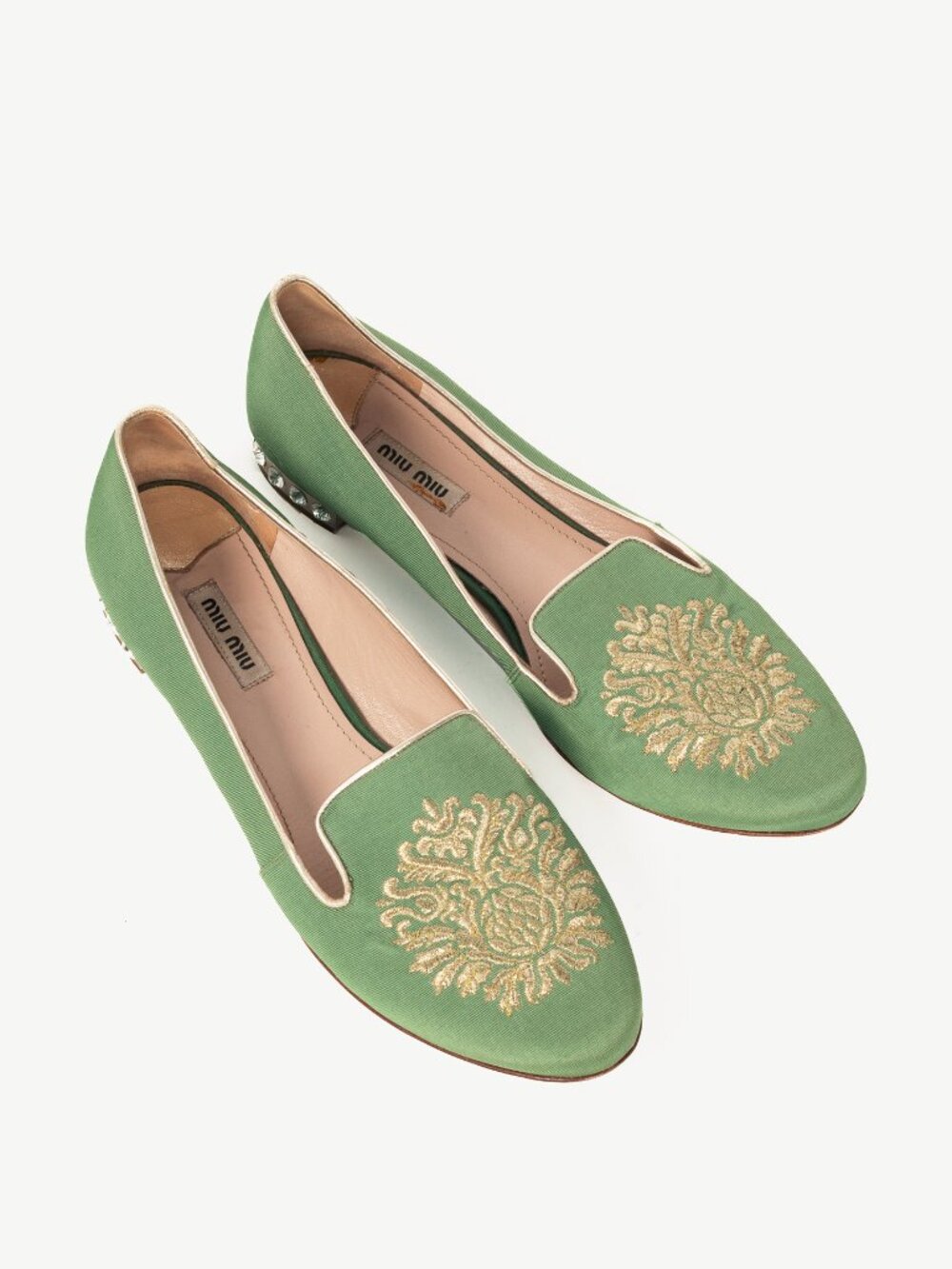 Miu Miu PF12 Green Embroidered Crystal-Heel Loafers
